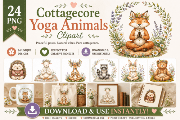 Download Cottagecore Yoga Animals Clipart - Eco Collection
